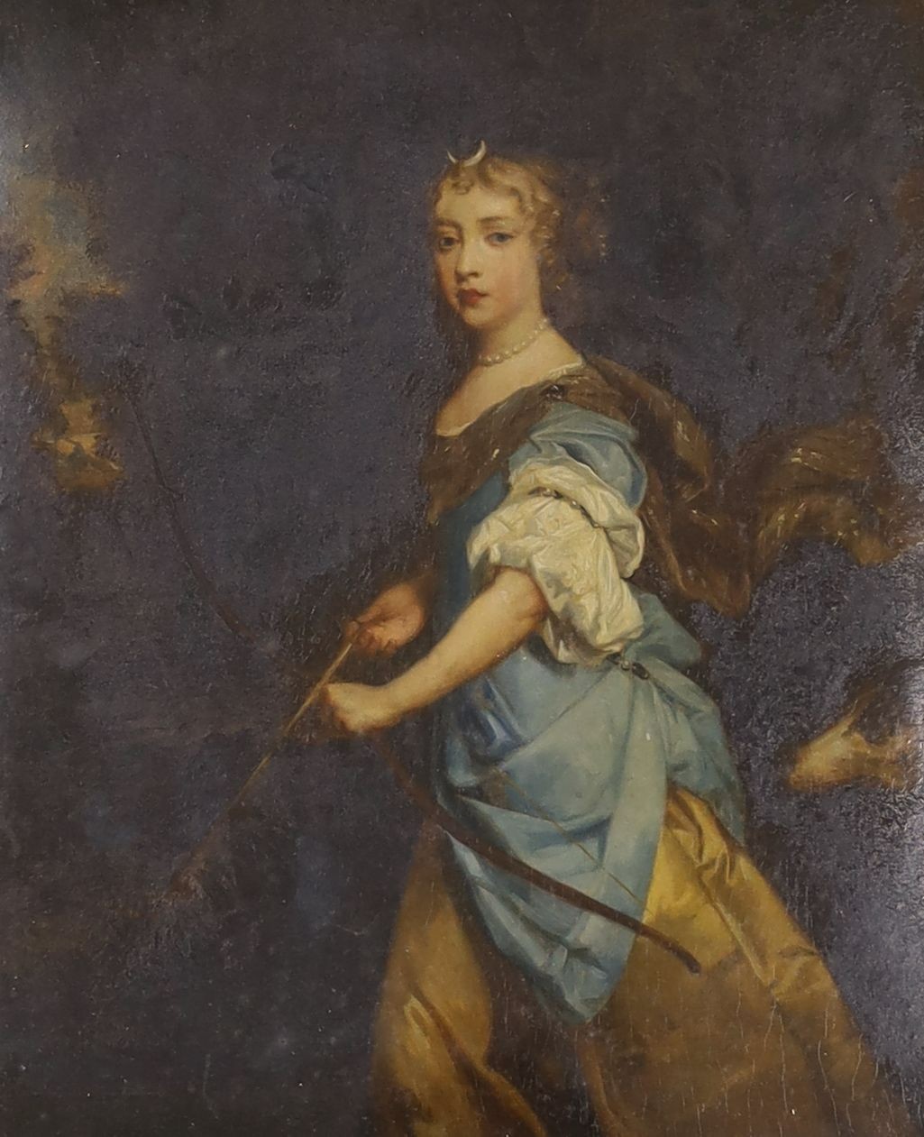 After Peter Lely, overpainted print, Jane Kelleway as Diana holding a bow, 27 x 23cm, in ornate Florentine giltwood frame
